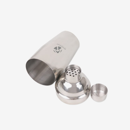 A drink bottle and shaker set made of stainless steel, featuring a strainer and a cap, with a logo on the side.