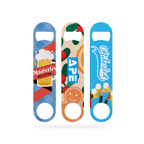 A drink bottle opener set featuring three colourful designs with various patterns and a logo.
