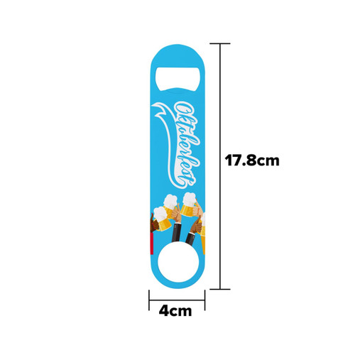A drink bottle opener in blue, featuring a logo and images of beer, measuring 17.8cm by 4cm.