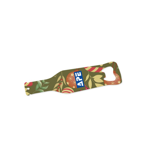 A drink bottle shape opener in vibrant green with festive patterns and a logo prominently displayed.