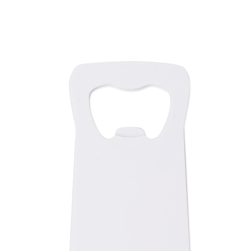 A drink bottle opener in white, featuring a logo, designed for easy use. Ideal for keyrings and tools.