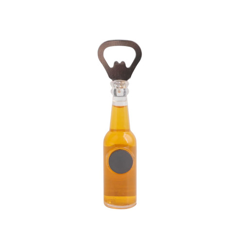A bottle-shaped opener in silver and amber with a fridge magnet at the base. It features a circular logo area.