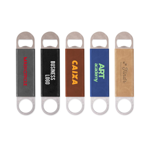 A drink bottle opener with a metal end and a coloured PU strap, featuring various logos in different colours.