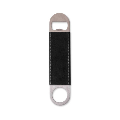 A drink bottle opener featuring a stainless steel head and a black PU handle. The product has a logo.