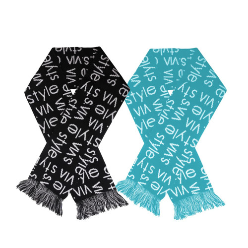 Acrylic fibres scarf in black with white text and a turquoise version with white text, both featuring fringed ends.