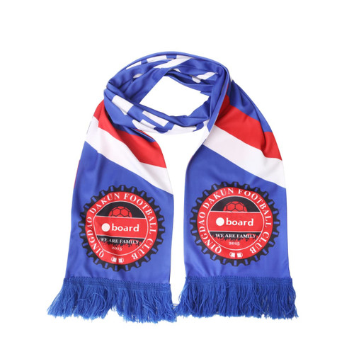 A knitted polyester scarf in blue, red, and white, featuring fringes and a round logo design.
