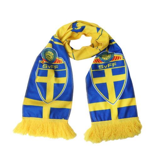 A blue and yellow fleece scarf featuring a logo and fringed ends.