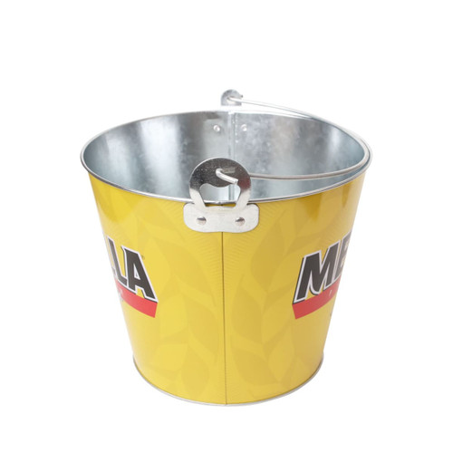 A yellow metal bucket with a shiny handle and a logo, designed for holding beverages.