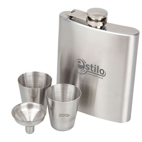 A stainless steel hip flask set featuring a flask, two shot cups, and a funnel, all in a polished finish.
