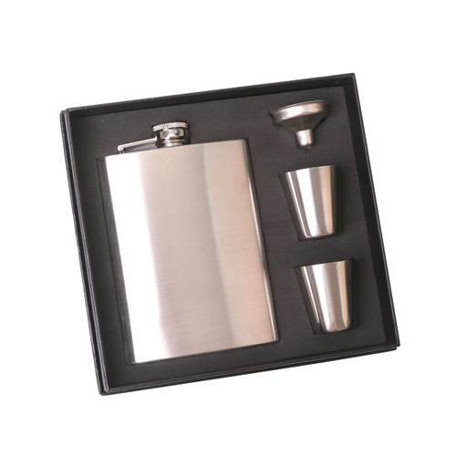 A stainless steel hip flask set in a black box, featuring a flask, two cups, and a funnel.