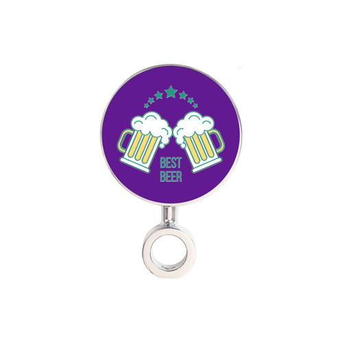 A round beer tap badge featuring two beer mugs with foam, set against a purple background. It includes a logo.