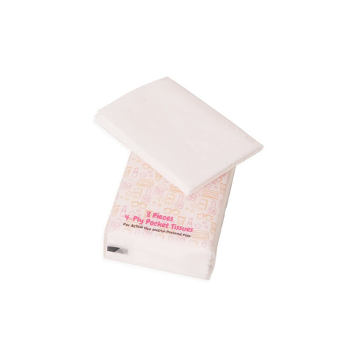A pack of white pocket tissues, featuring a patterned design, containing eight 4-ply tissues and a logo.