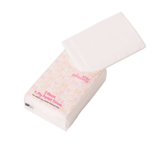 A pack of white pocket tissues with a patterned design and a logo, containing two sets of four-ply tissues.