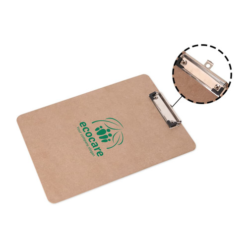 A wooden clipboard in a natural brown colour featuring a metal clip and a logo.