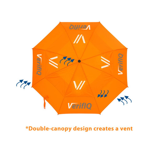 An orange sports umbrella featuring a double-canopy design and a logo.
