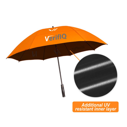 An orange sports umbrella with a black inner layer and a logo on the canopy.