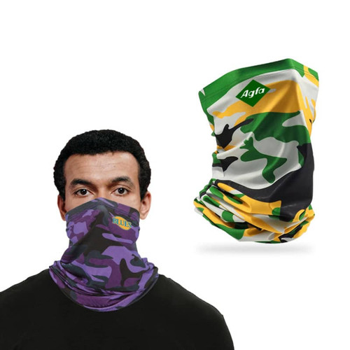 A polyester neck gaiter in camouflage patterns featuring green, yellow, and purple colours, displayed on a model and alone.