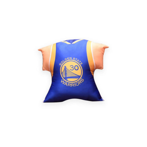 A custom pillow shaped like a sports jersey, featuring blue and orange colours with a logo.
