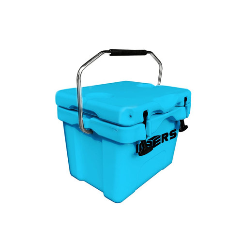 A blue 15L cooler box with a handle and a secure lid, featuring a logo on the front.