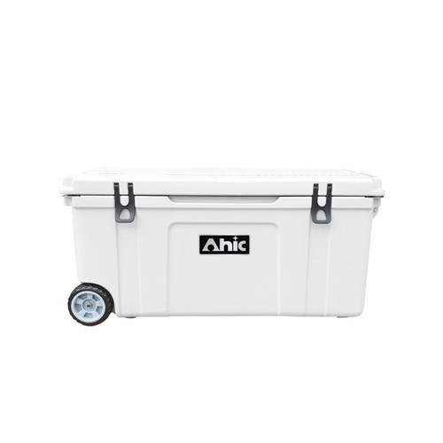 A white 120L cooler box with wheels and handles, featuring a logo on the front.