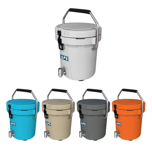 A 7L ice bucket with a faucet, available in light blue, beige, grey, orange, and white, featuring a handle and a logo.