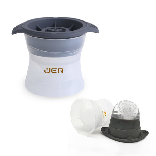 A whisky ice ball mould in grey and white, featuring a removable base and an ice sphere. Includes branding.