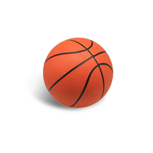 An orange basketball with black lines, featuring a textured surface and a logo.
