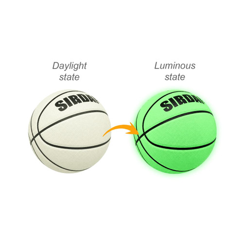 A glowing PU basketball, featuring a white daylight state and a luminous green state, with a logo.