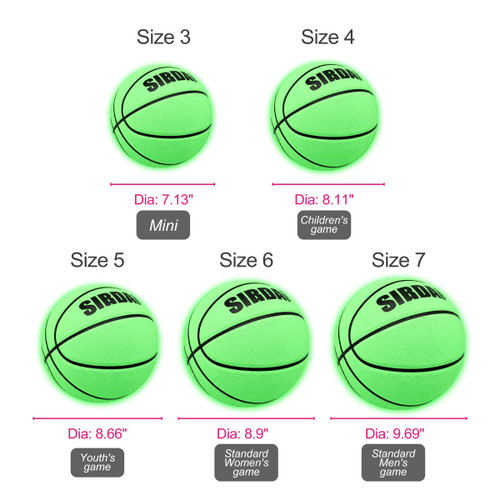 A collection of glowing PU basketballs in various sizes, featuring a bright green colour and a logo.