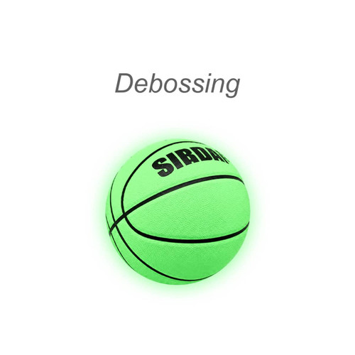 A glowing green basketball with black accents and a branded logo, featuring a textured surface.