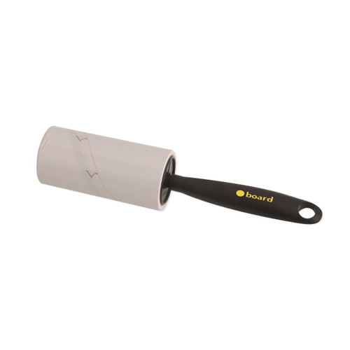 A lint remover with a grey adhesive roller and a black handle, featuring a logo on the handle.