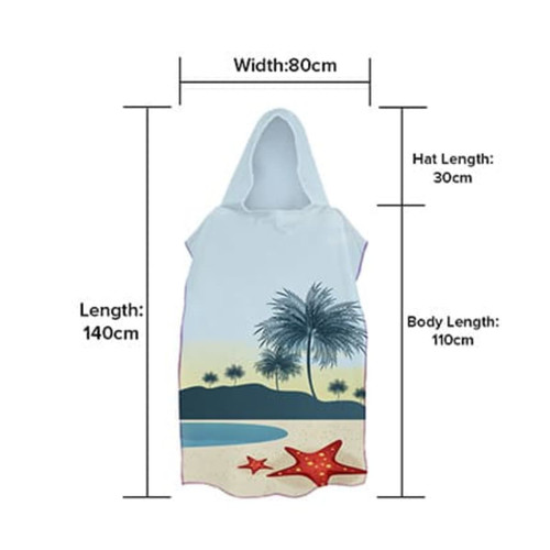 A hooded towel featuring a beach design with palm trees and starfish, predominantly in shades of blue and white.