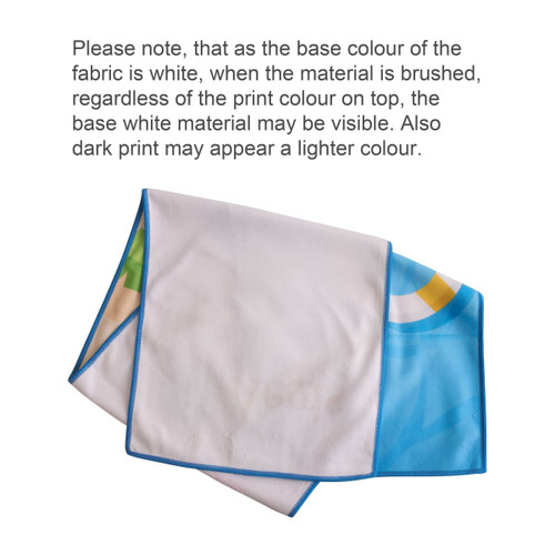 A microfibre beach towel in blue, white, and green with a branded edge. The fabric is soft and lightweight.