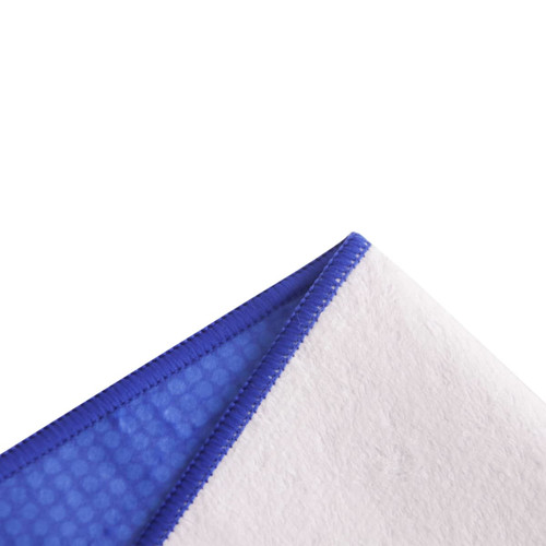 A blue and white sports towel displaying a textured side and a smooth side, featuring a logo.