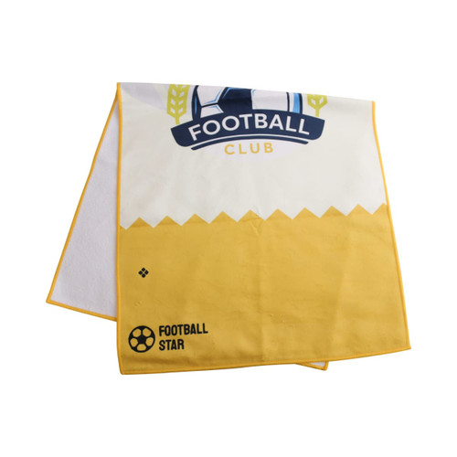 A yellow and white sports towel featuring a logo and design related to football.