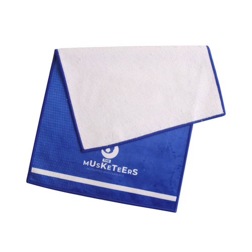A blue sports towel with a white looped terry cloth side, featuring a logo and a striped design.