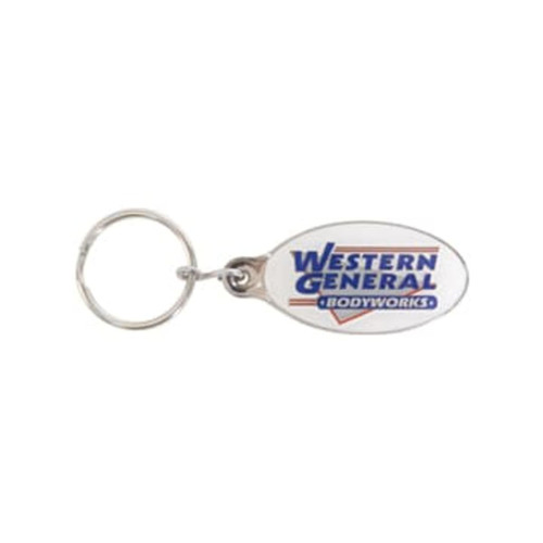 A custom shaped embossed soft enamel keyring featuring a clear oval design and a silver keyring attachment.