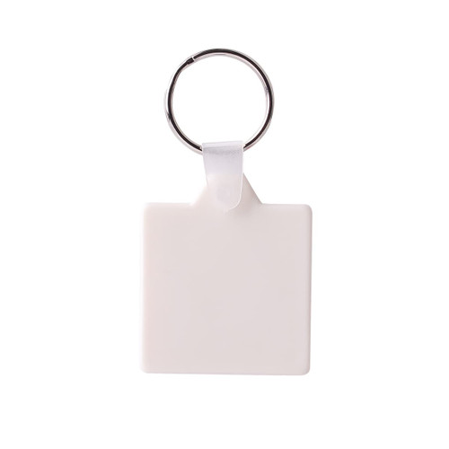 A square hard plastic keyring in white attached to a silver metal ring.