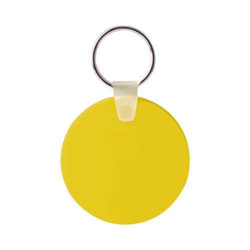 A round yellow Durasoft keyring with a silver metal ring attached.