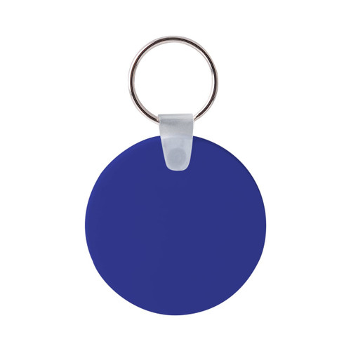 A round blue Durasoft keyring with a silver metal ring attached for easy carrying.