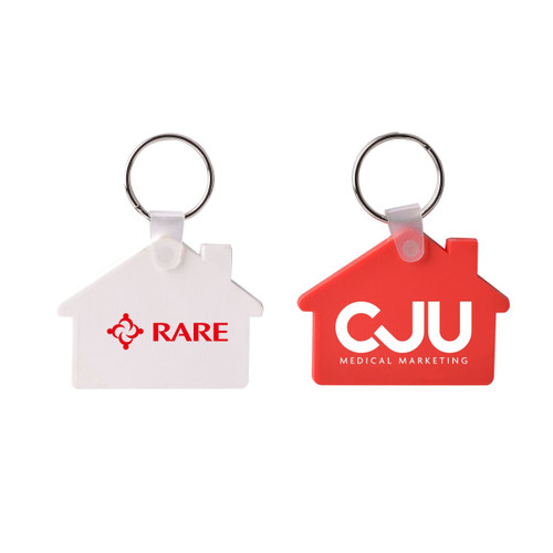 A house-shaped keyring featuring red and white colours, with logos on both sides.