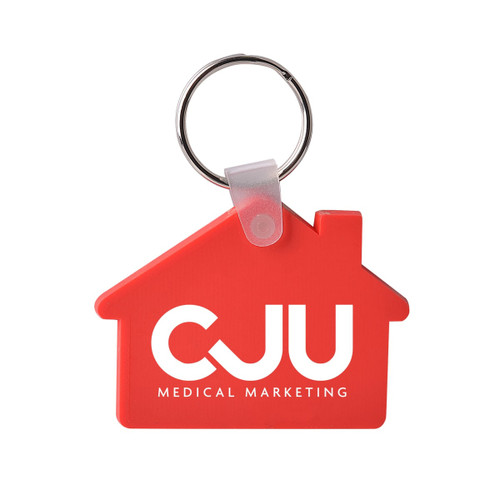 A red house-shaped keyring featuring a metal ring and a branding logo.
