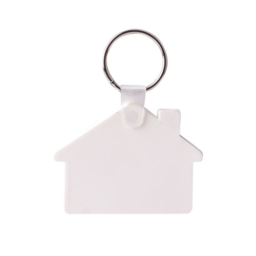 A white house-shaped keyring with a silver key ring attachment. It features a simple design and has a branding logo.