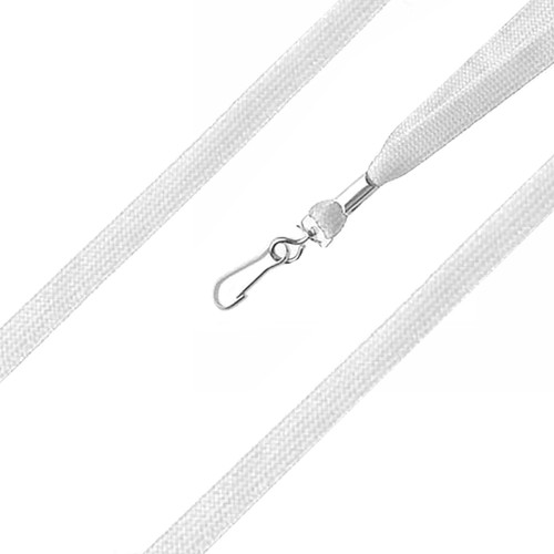 A white unprinted bootlace lanyard with a metal clip attachment.