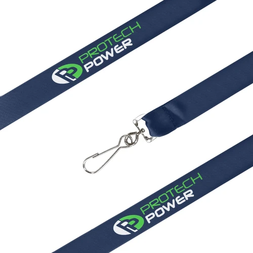 A navy satin lanyard with a metal clip and branding. Ideal for exhibitions and events.