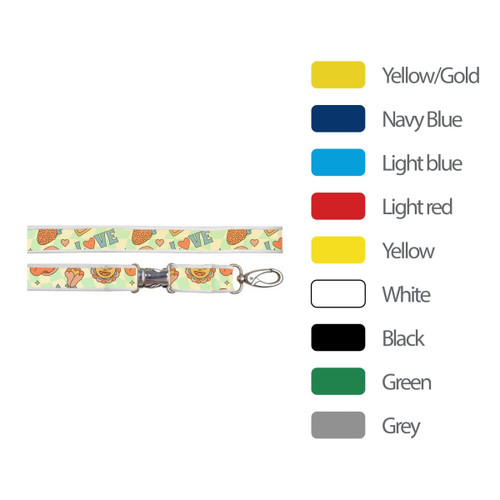 A Neoprene lanyard in light blue with a colourful pattern featuring fruit designs and a metal clasp.