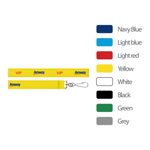 A yellow neoprene lanyard with a clip, featuring a logo, alongside colour options including navy blue, light blue, and red.