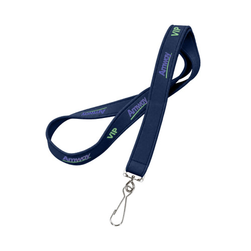 A navy neoprene lanyard with a clip, featuring a branding logo and text in purple and green.