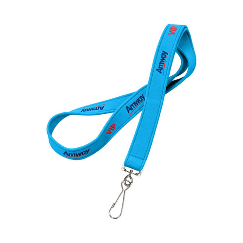 A blue neoprene lanyard featuring a clip and a logo, ideal for events and exhibitions.