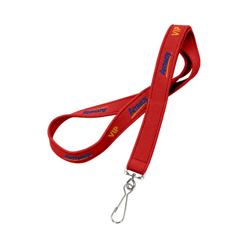 A red neoprene lanyard with a clip and a logo, designed for exhibitions and events.